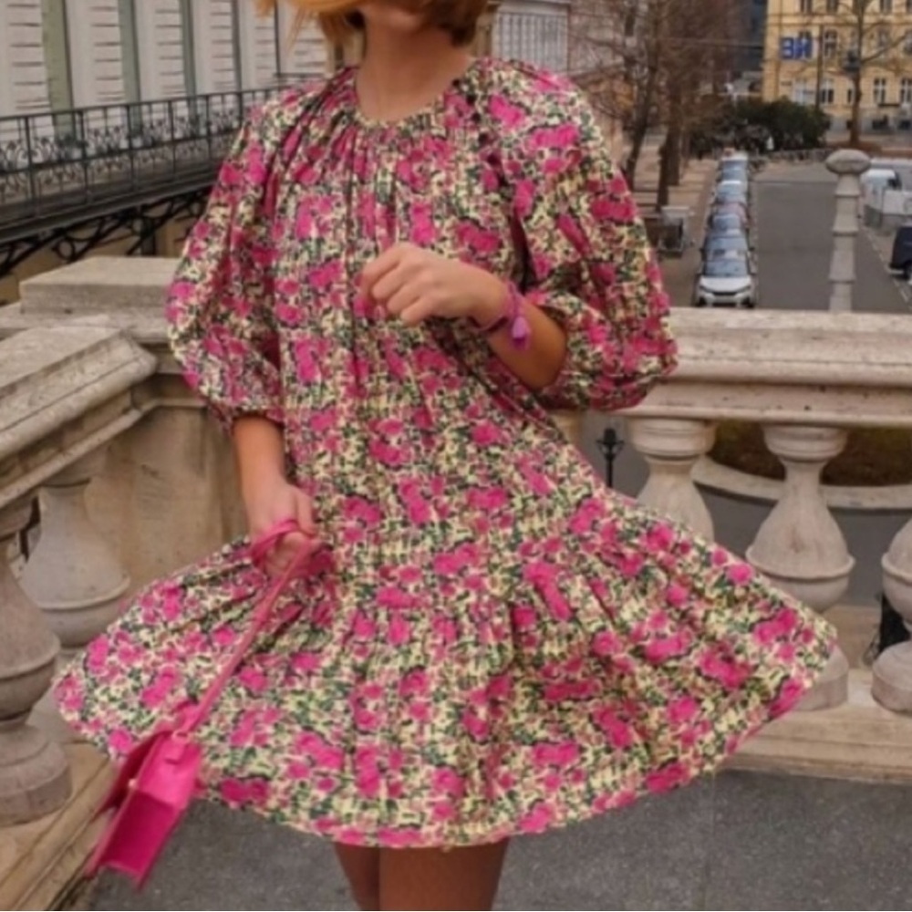 Zara Pink Floral Tiered Puff Sleeve Dress